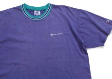 画像1: 90s USA製 Championチャンピオン ワンポイント スクリプト ロゴ刺繍 リブライン コットンTシャツ 薄紫 フェード L (1)