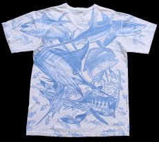 画像2: 00s Oregon Inlet Fishing Center カジキ マグロ サメ アート オールオーバープリント コットンTシャツ 杢ライトグレー M (2)