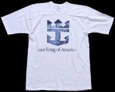 画像2: 80s USA製 Velva Sheen m/s Song of America Royal Caribbean ロゴ Vネック コットン×ナイロン アスレチックTシャツ 白 L (2)