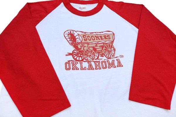 80s USA製 OKLAHOMA SOONER 七分袖 ラグランTシャツ 白×赤 XL