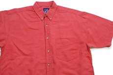 画像3: 90s GAPギャップ 無地 ポケット付き ボタンダウン 半袖 リネン×コットンシャツ 薄赤 M (3)