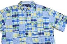 画像3: 00s TOMMY HILFIGERトミーヒルフィガー マドラスチェック パッチワーク 三点留め ボタンダウン 半袖 コットンシャツ L★インド綿 (3)