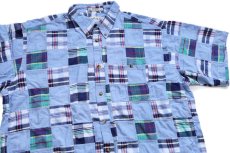 画像3: 00s ORVISオービス マドラスチェック×シャンブレー パッチワーク ボタンダウン 半袖 コットンシャツ XXL★インド綿 特大 (3)