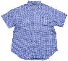 画像1: 00s ラルフローレン CLASSIC FIT ギンガムチェック ボタンダウン 半袖 リネンシャツ 青×白 XL (1)