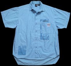 画像1: 90s GOTCHAガッチャ パッチワーク アート 半袖 コットンシャツ ライトブルー M (1)
