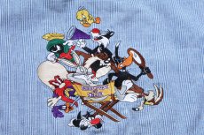 画像4: 90s WARNER BROS LOONEY TUNES キャラクター刺繍 織り柄 ストライプ 半袖 コットンシャツ L (4)