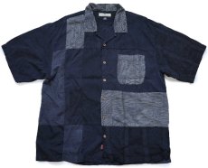 画像1: Tommy Bahama トミーバハマ パッチワーク オープンカラー 半袖 シルク×リネンシャツ 黒 XL (1)