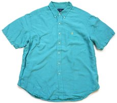 画像1: 00s ラルフローレン CLASSIC FIT ワンポイント ボタンダウン 半袖 リネン×シルクシャツ ターコイズ XXL★特大 (1)