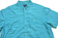 画像3: 00s ラルフローレン CLASSIC FIT ワンポイント ボタンダウン 半袖 リネン×シルクシャツ ターコイズ XXL★特大 (3)