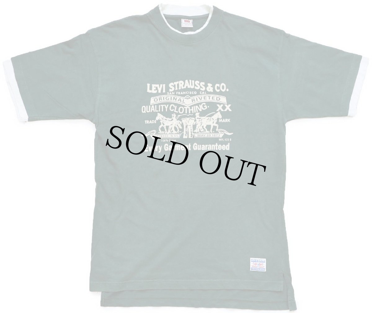 画像2: 90s Levi'sリーバイス ツーホース ロゴ レイヤードネック&スリーブ コットンTシャツ 緑×杢ライトグレー フェード M (2)