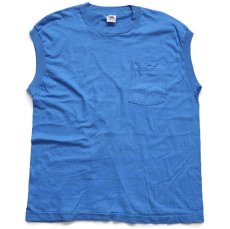 画像2: 90s USA製 FRUIT OF THE LOOM 無地 ノースリーブ コットン ポケットTシャツ 薄青 XL (2)