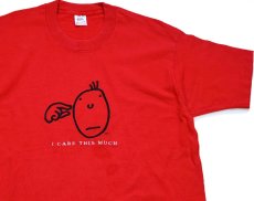 画像1: 90s USA製 フェイス I CARE THIS MUCH 刺繍 コットンTシャツ 赤 L (1)
