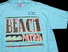画像1: 80s USA製 BEACH PATROL アート 蛍光プリント コットンTシャツ 水色 XL (1)