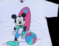 画像1: 90s USA製 Disneyディズニー ミッキー マウス サーフボード ビーチ コットンTシャツ 白 (1)