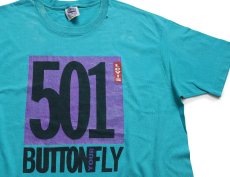 画像1: 90s USA製 Levi'sリーバイス 501 BUTTON YOUR FLY ロゴ コットンTシャツ 青緑 L (1)