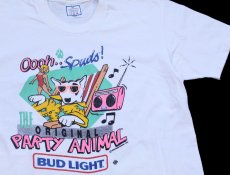 画像1: 80s USA製 Spuds! PARTY ANIMAL BUD LIGHTバドライト 蛍光プリント コットンTシャツ 白 L★Budweiserバドワイザー (1)