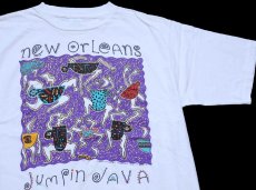 画像1: 90s USA製 new orleans JUMPIN JAVA Cafe アート ペンキ飛び コットンTシャツ 白 XL (1)