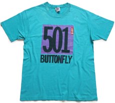 画像2: 90s USA製 Levi'sリーバイス 501 BUTTON YOUR FLY ロゴ コットンTシャツ 青緑 L (2)