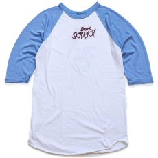 画像1: 90s USA製 Rawlings FROM SCRATCH ギター 両面プリント 七分袖 ラグランTシャツ 白×水色 L (1)