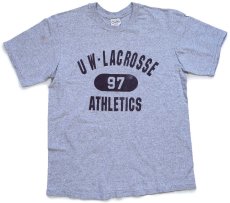 画像2: 90s USA製 The Cotton Exchange UW-LACROSSE 97 ATHLETICS 三段中抜き コットン×レーヨン Tシャツ 杢グレー L (2)