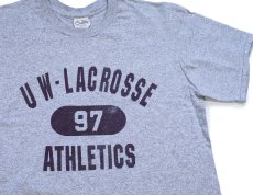 画像1: 90s USA製 The Cotton Exchange UW-LACROSSE 97 ATHLETICS 三段中抜き コットン×レーヨン Tシャツ 杢グレー L (1)
