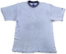 画像2: 90s USA製 Championチャンピオン ワンポイント スクリプト ロゴ刺繍 リブライン コットンTシャツ シルバーグレー L (2)