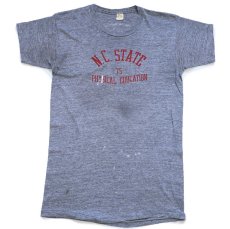 画像2: 70s USA製 RUSSELLラッセル N.C. STATE 75 PHYSICAL EDUCATION ペンキ飛び コットン×レーヨン Tシャツ 杢グレー XL (2)
