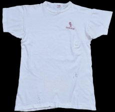 画像2: 70s USA製 Championチャンピオン OU TENNIS 染み込みプリント コットンTシャツ ボロ 白 XL (2)