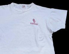 画像1: 70s USA製 Championチャンピオン OU TENNIS 染み込みプリント コットンTシャツ ボロ 白 XL (1)