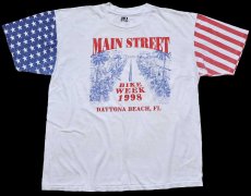 画像1: 90s USA製 BIKE WEEK 1998 DAYTONA BEACH, FL 両面プリント 星条旗柄 切り替え コットンTシャツ 白 XXL★特大 (1)
