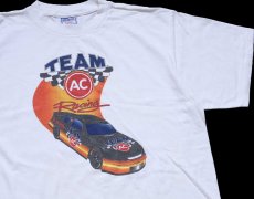 画像1: 90s USA製 NASCAR TEAM AC Racing チェッカーフラッグ コットンTシャツ 白 XL (1)