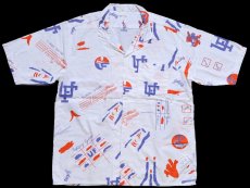 画像1: 80s FLORIDA GATORS マスコット 総柄 染み込みプリント オープンカラー 半袖 コットンシャツ 白 (1)