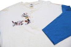 画像3: 90s USA製 DISNEYディズニー ミッキー マウス グーフィー ドナルドダック刺繍 ツートン ヘンリーネック 七分袖Tシャツ 生成り×青 XL (3)