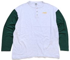 画像2: 90s USA製 FWD 刺繍 ツートン ヘンリーネック コットン 長袖Tシャツ 杢ライトグレー×緑 2X★特大 (2)
