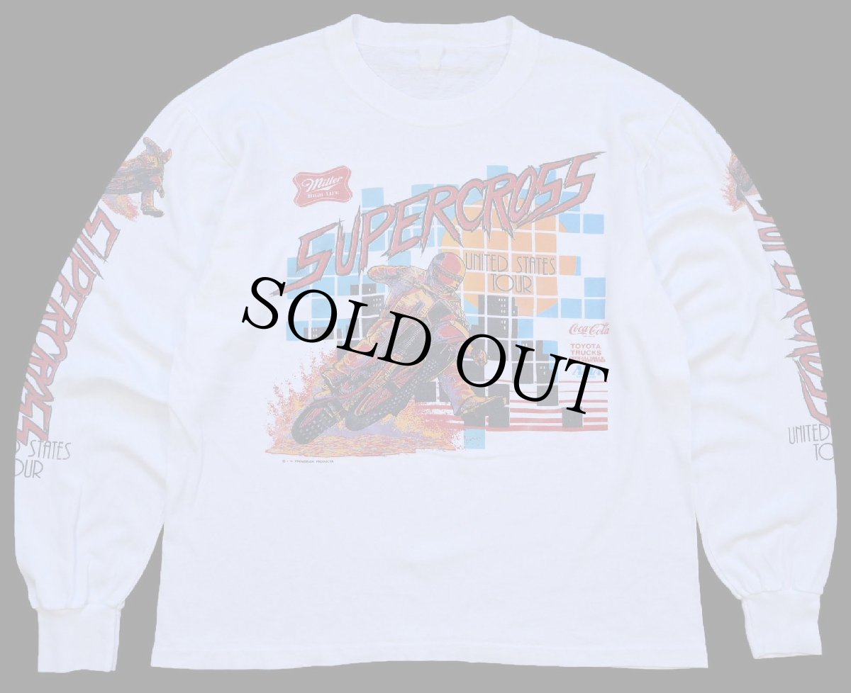 画像1: 80s SUPERCROSS モトクロス Miller Coca-Colaコカコーラ TOYOTA TRUCKS AMA 協賛 袖プリント コットン 長袖Tシャツ 白 L (1)