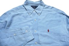 画像3: 00s ラルフローレン CLASSIC FIT ワンポイント ボタンダウン リネン×シルクシャツ ライトブルー L (3)