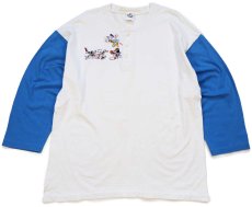 画像1: 90s USA製 DISNEYディズニー ミッキー マウス グーフィー ドナルドダック刺繍 ツートン ヘンリーネック 七分袖Tシャツ 生成り×青 XL (1)