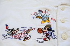 画像4: 90s USA製 DISNEYディズニー ミッキー マウス グーフィー ドナルドダック刺繍 ツートン ヘンリーネック 七分袖Tシャツ 生成り×青 XL (4)
