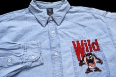 画像3: 90s WARNER BROS LOONEY TUNES タズマニアンデビル Wild 刺繍 コットン ダンガリーシャツ フェード L (3)