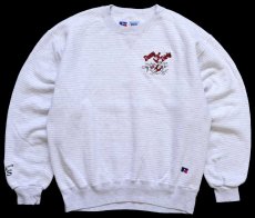 画像1: 90s USA製 RUSSELLラッセル Down N Dirty 刺繍&パッチ付き ボーダー 前V スウェット ホワイト×杢ライトグレー M (1)
