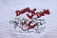 画像4: 90s USA製 RUSSELLラッセル Down N Dirty 刺繍&パッチ付き ボーダー 前V スウェット ホワイト×杢ライトグレー M (4)