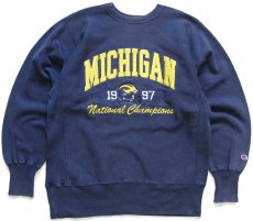 画像1: 90s メキシコ製 Championチャンピオン MICHIGAN アメフト 刺繍&アップリケ リバースウィーブ スウェット 紺 フェード L (1)