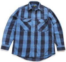 画像1: 90s OSHKOSH B'GOSH バッファローチェック コットン フランネルシャツ 青×黒 フェード M (1)