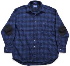 画像1: 00s メキシコ製 PENDLETONペンドルトン TRAIL SHIRT オンブレチェック エルボーパッチ付き ウールシャツ 紺×黒 XL★27 (1)