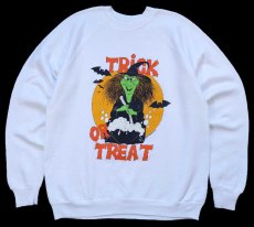 画像1: 90s USA製 Hanes TRICK OR TREAT 魔女 コウモリ ハロウィン スウェット 白 M (1)