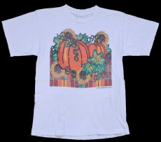 画像2: 90s USA製 パンプキン ひまわり イラスト コットンTシャツ 白 M★ハロウィン (2)