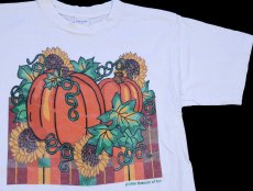 画像1: 90s USA製 パンプキン ひまわり イラスト コットンTシャツ 白 M★ハロウィン (1)