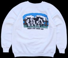 画像2: 90s USA製 Hanes ENJOY OUR 'DAIRY AIR' 牛 イラスト 両面プリント スウェット 白 L (2)