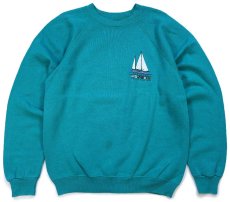画像1: 80s USA製 Hanes SAN DIEGO YACHT RACING ヨット 両面プリント スウェット エメラルドグリーン L (1)