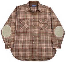 画像1: 70s USA製 PENDLETONペンドルトン チェック エルボーパッチ付き ウールシャツ XL★29 (1)